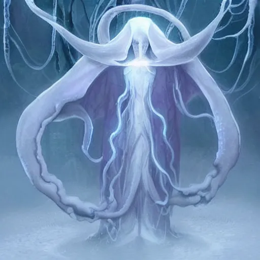 Image similar to concept designs for an ethereal ghostly wraith like figure with a squid like parasite latched onto its head and long tentacle arms that flow lazily but gracefully at its sides like a cloak while it floats around a frozen rocky tundra in the snow searching for lost souls and that hides amongst the shadows in the trees, this character has hydrokinesis and electrokinesis for the resident evil village video game franchise with inspiration from the franchise Bloodborne and the mind flayer from stranger things on netflix