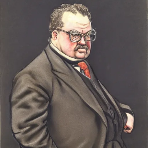 Prompt: gk chesterton with a muscles and a shotgun. portrait by james gurney.