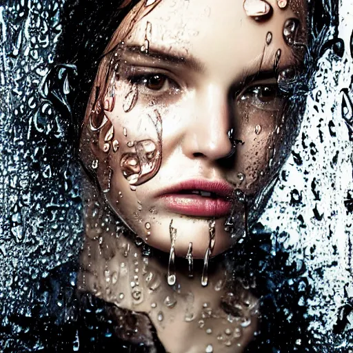 Prompt: close up of face of a wet fashion model in luxury dress, heavy rain, dramatic lighting, official dior editorial, highly detailed