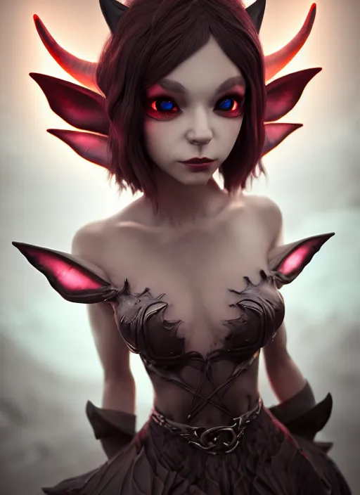 Image similar to imp demon goddess, cute elf ears, strapless dress, character portrait in the style of thomas river and artgerm, cinematic lighting, hyperdetailed, 8 k realistic, symmetrical, global illumination, radiant light,, frostbite 3 engine, cryengine, dof, trending on artstation, digital art, chanel