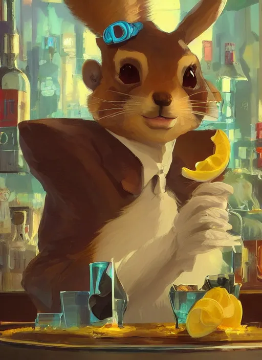 Image similar to squirrel anthro as a dapper bartender with a big, fluffy tail, retro futurism, art deco, detailed, painterly digital art by WLOP and Cory Loftis and Ilya Repin, 🐿🍸🍋, furaffinity, trending on artstation