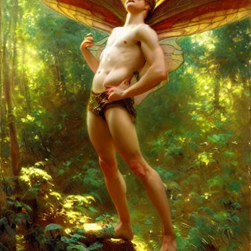 Image similar to attractive male fairy with wings in the forest, posing. highly detailed painting by gaston bussiere, craig mullins, j. c. leyendecker, 8 k