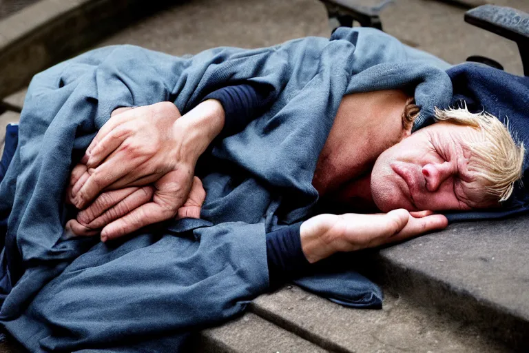 Prompt: closeup portrait of homeless boris johnson sleeping under a london bridge, natural light, sharp, detailed face, magazine, press, photo, steve mccurry, david lazar, canon, nikon, focus