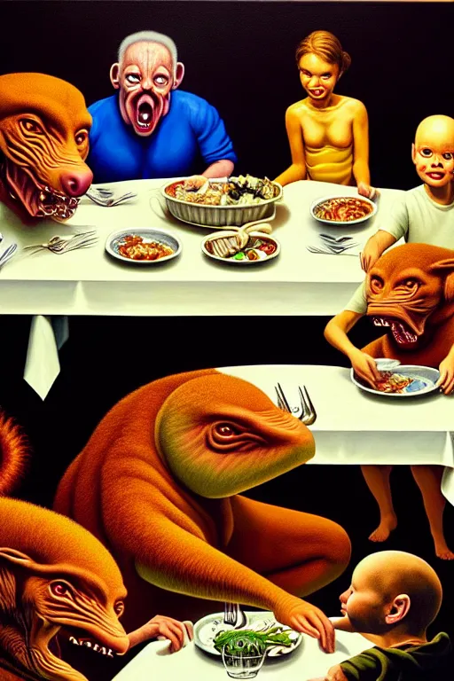 Image similar to a hyperrealistic painting of a chimeric creature sitting down at dinner table with happy suburban family on a sunday night while dad reads a newspaper, by chris cunningham and richard corben, highly detailed, vivid color,