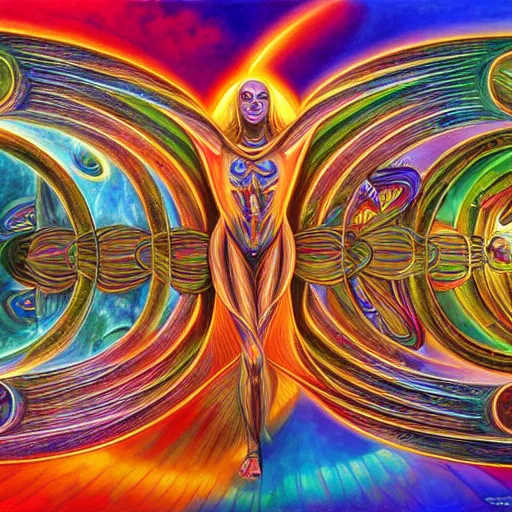 Prompt: a beautiful painting of the dmt super highway streaming magical energy throughout the scene by alex grey and android jones, hyper detailed, hd resolution