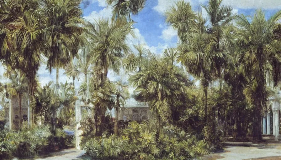 Image similar to artwork painting of the front of a florida building by eugene von guerard, ivan shishkin, john singer sargent