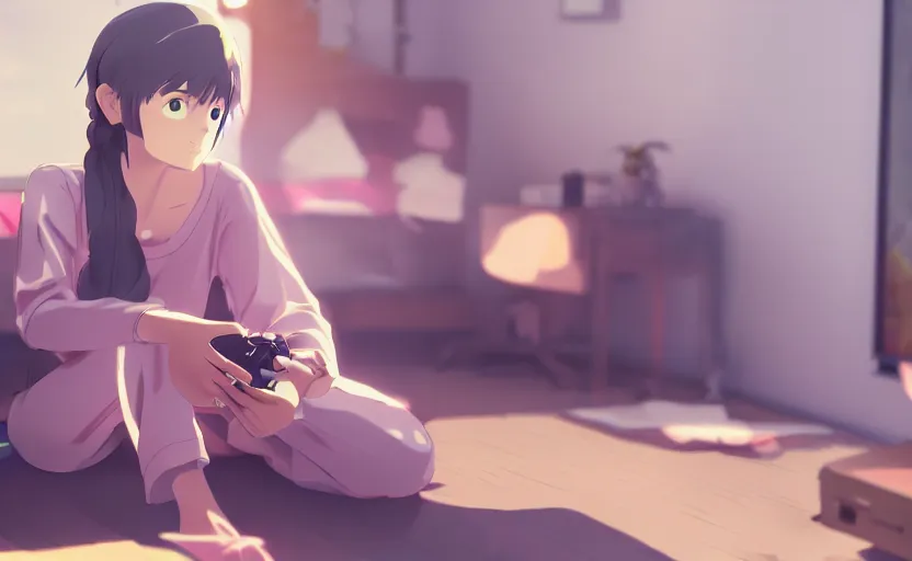 Prompt: a girl in her pajamas playing video games, anime scene illustrated by Makoto Shinkai, 4k, digital art