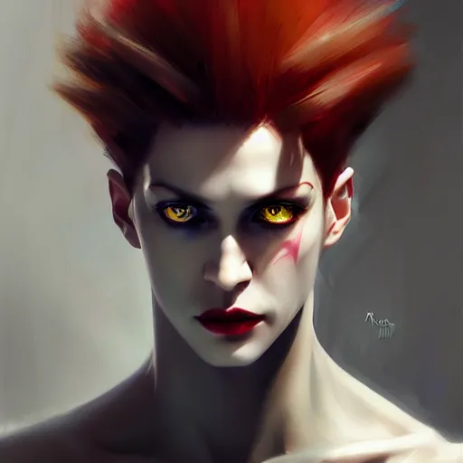 Prompt: portrait of hisoka morow hunter hunter male thin lips small eyes very thin pursed lips extremely sharp jaw yellow iris almond almond eyes squinting eyes dark red hair soft hair slicked back crimson hair anime, elegant, highly detailed, digital painting, artstation art by ruan jia and greg rutkowski, madonna bowie