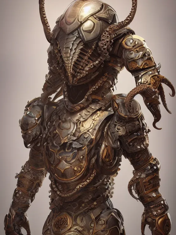 Prompt: full body frontview portrait of a fighter in octopus - like - armour, character design, designed in blender, 8 k hd, octane render, intricate and highly detailed, coloured with lots of colour, pose, fantasy, sharp focus, volumetric lighting