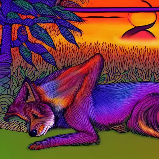 Prompt: a psychedelic illustration of a wolf meditating near a zen waterful at sunset
