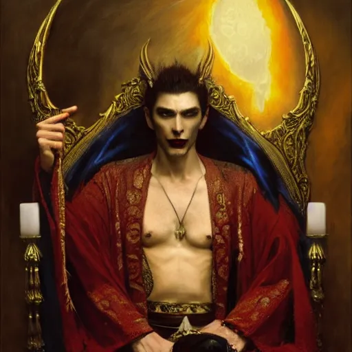 Image similar to perfectly centered portrait of attractive vampire king in a robe sitting on a throne of bones, highly detailed painting by gaston bussiere, craig mullins, j. c. leyendecker, 8 k