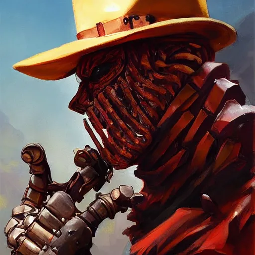 Image similar to greg manchess portrait painting of partially armored freddy krueger as overwatch character, medium shot, asymmetrical, profile picture, organic painting, sunny day, matte painting, bold shapes, hard edges, street art, trending on artstation, by huang guangjian and gil elvgren and sachin teng