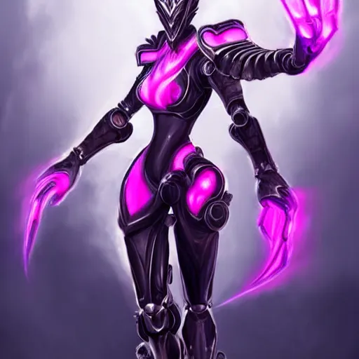 Image similar to highly detailed realistic exquisite fanart, of a beautiful female warframe, but as an anthropomorphic elegant robot female dragon, glowing eyes, shiny and smooth off-white plated armor, bright Fuchsia skin beneath the armor, sharp claws, well designed robot dragon four fingered hands, and sharp elegant robot dragon three clawed feet, royal elegant pose, full body and head shot, epic cinematic shot, professional digital art, high end digital art, DeviantArt, artstation, Furaffinity, 8k HD render, epic lighting, depth of field