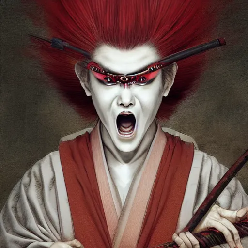 Image similar to an epic portrait of insane kabuki male wielding a spear and doing the nirami covered in a magical mist of insanity, intricate hakama, poofy red wig, eerie, highly detailed, dark fantasy, art by artgerm and greg rutkowski