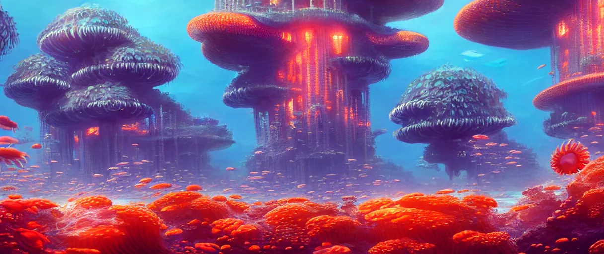 Prompt: hyperrealistic hyper detailed underwater bio-morphic city of atlantis guarded by giant orange jellyfish matte painting concept art maciej kuciara hajime sorayama cinematic soft red lighting low angle hd 8k sharp shallow depth of field