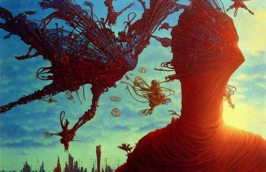 Image similar to realistic detailed portrait movie shot of a birdman wearing dark ragged robes, futuristic city sunset landscape background by denis villeneuve, amano, yves tanguy, alphonse mucha, ernst haeckel, max ernst, roger dean, rich moody colours, blue eyes