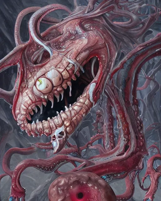 Image similar to Haunting horrifying detailed painting of a tall skinny extraterrestrial squid monster made of gelatinous fluid, floating teeth and bloodshot eyeballs, hyper detailed, trending on Artstation