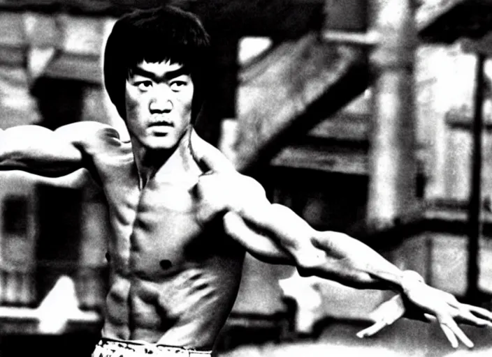 Prompt: Bruce Lee vs. a gigantic dragon, kung-fu film, vintage, martial arts, urban fantasy