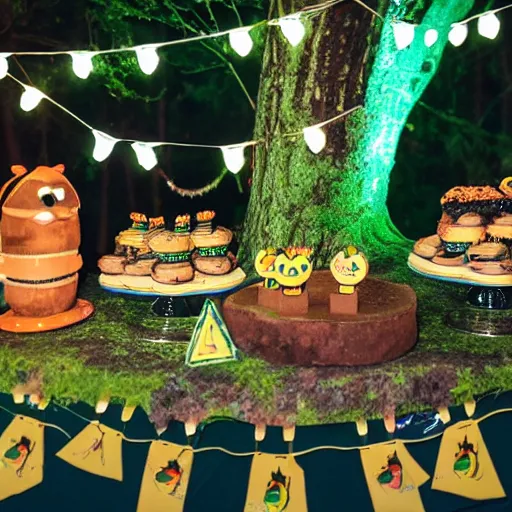 Image similar to photo of caterpillar birthday party in the forest at night