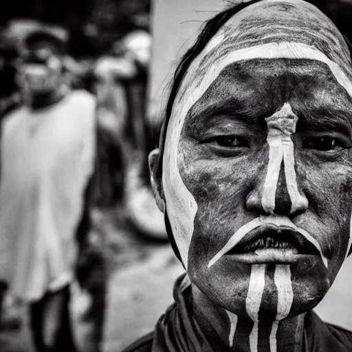 Prompt: hunnic protester face elongated cranium photo black and white wide angle lense