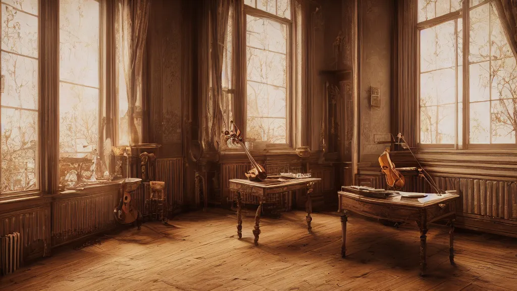 Image similar to one violin on an antique wooden desk in a richly decorated Victorian house, beautiful reflexions, detailed wooden table, photorealistic, photorealism, the autumn light comes in through a window, diffuse light, octane render