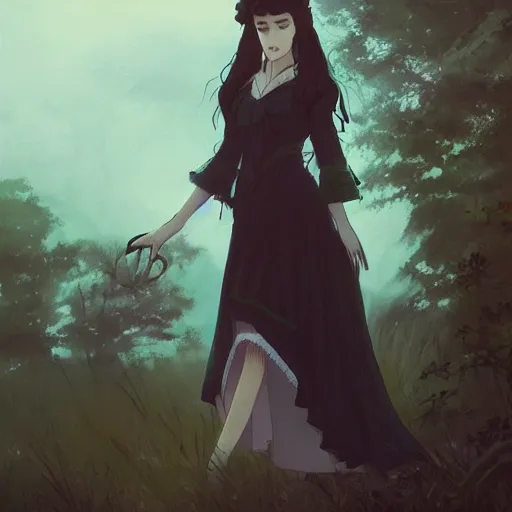 Image similar to a beautiful girl with long dark hair, wearing a victorian style dress, portrait by Studio Ghibli and Greg Rutkowski, artstation