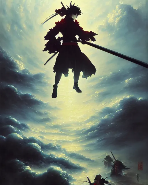 Image similar to baroque oil painting of key visual samurai war, storm, brutalist fantasy, fake detail, trending pixiv fanbox, acrylic palette knife, style of makoto shinkai takashi takeuchi yoshiyuki sadamoto greg rutkowski chiho aoshima, artstation