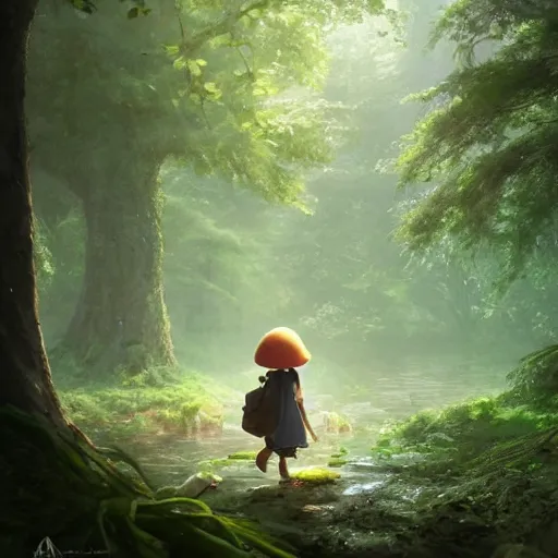 Image similar to a tiny mushroom person with a mushroom for a head walking by a stream in a lush forest. dramatic lighting cgsociety masterpiece, artstation trending, by rossdraws, ghibli, Kimi no Na wa, greg rutkowski, 4k, digital art, concept art, trending on artstation