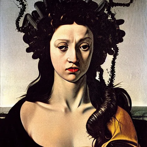 Prompt: Caravaggio-style portrait of Medusa