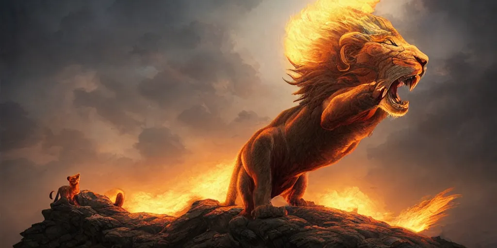 Prompt: Manticore with lion face on a top of a mountain breathing fire to the sky, art by Peter Tang and artgem and Greg Rutkowski, highly detailed, fantasy, digital art, 8k, volumetric lighting