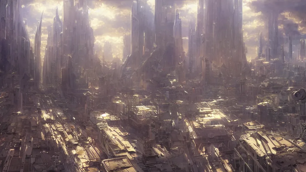 Image similar to future city with giant buildings shaped like keyboard keys, shiny, sunny sky, dramatic lighting, highly detailed, digital painting, ghibli animated film, anime, volumetric lighting, octane render artstation, concept art, smooth, sharp focus, illustration, by gaston bussiere, mucha, gerome, craig mullins, greg rutkowski, john singer sargent