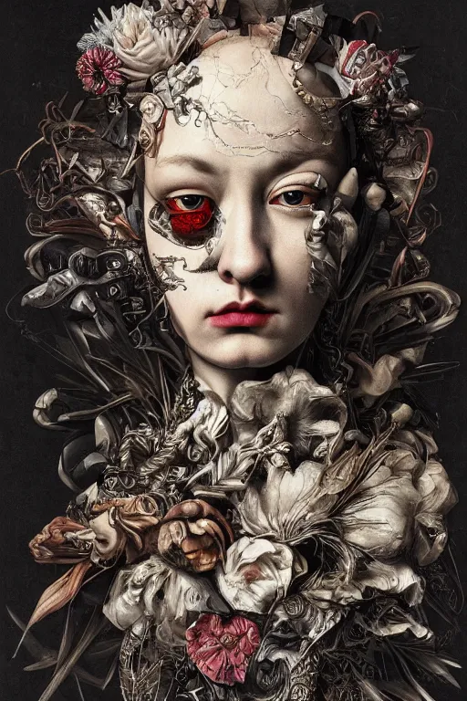 Prompt: Detailed maximalist portrait with large lips and wide white eyes, angry expression, HD 3D mixed media collage, highly detailed and intricate illustration in the style of Caravaggio and James Jean, surreal dark art, baroque