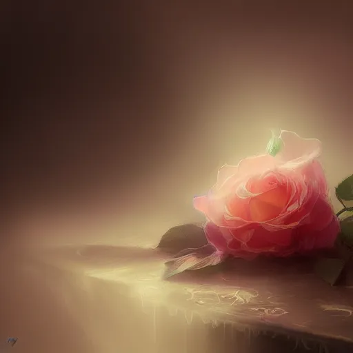 Image similar to a Rose lying on silk cloth, fog, volumetric lighting, intricate, elegant, highly detailed, digital painting, concept art, smooth, sharp focus, illustration, trending on artstation