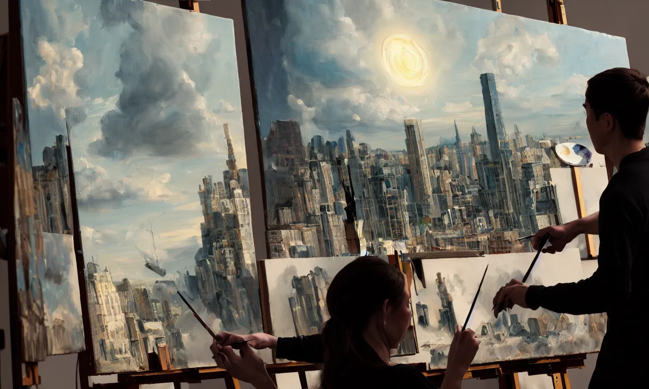 Prompt: the android carefully painting an oil painting in their natural - lit studio overlooking the city. photorealistic. intricate details. 3 5 mm photograph. dramatic lighting. action shot. absolute focus. masterpiece.