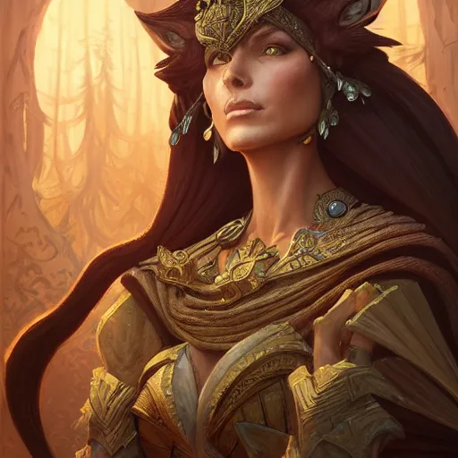 Prompt: queen of everything, female, tabaxi, forest, d & d, fantasy, intricate, elegant, highly detailed, digital painting, artstation, octane render, concept art, matte, sharp focus, illustration, hearthstone, art by artgerm and greg rutkowski and alphonse mucha