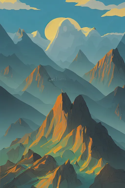 Image similar to sunrise mountain water vector illustration concept art digital art by james gilleard trending on artstation