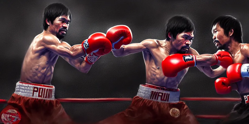 Image similar to manny pacquiao versus bongbong marcos in a boxing fight, detailed intricate illustration, dark atmosphere, detailed illustration, hd, 4 k, digital art, overdetailed art, by greg rutkowski, by loish, complementing colors, trending on artstation, deviantart