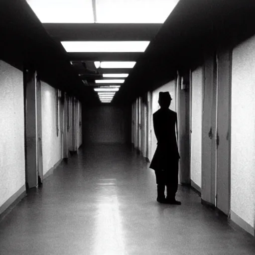 Prompt: the backrooms are empty, there is a lone replicant standing off in the distance