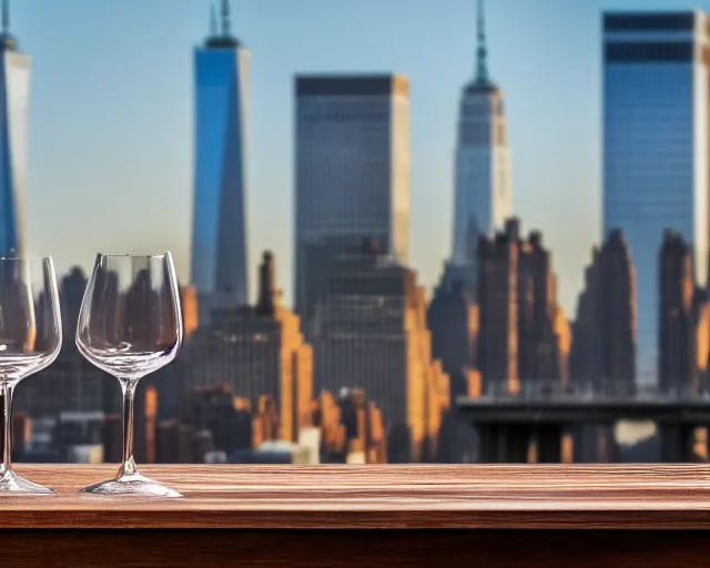 Prompt: 5 5 mm photo of best wine glass on a wooden table with the new york city skyline in the background. dof. bokeh. magical atmosphere. highly detailed 8 k. intricate. lifelike. soft light. nikon d 8 5 0.