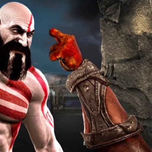 Image similar to kratos from god of war high fiving gus fring