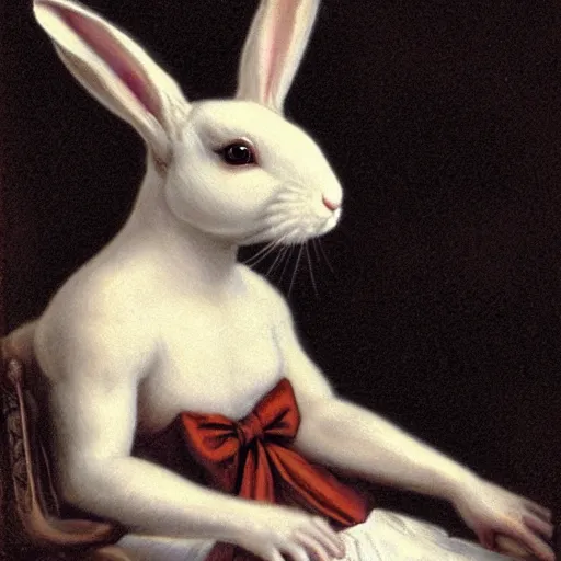 Prompt: a victorian portrait of a rabbit wearing a white dress, nsfw