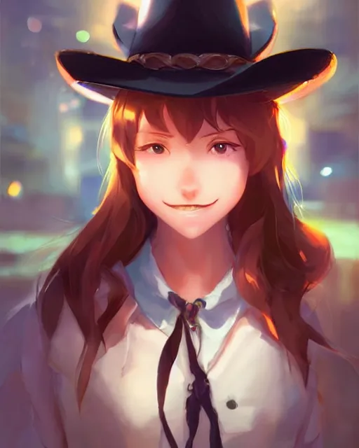 Image similar to a very cute cowgirl wearing a cat hat, medium shot, ambient lighting, visible and detailed face, by makoto shinkai, stanley artgerm lau, wlop, rossdraws