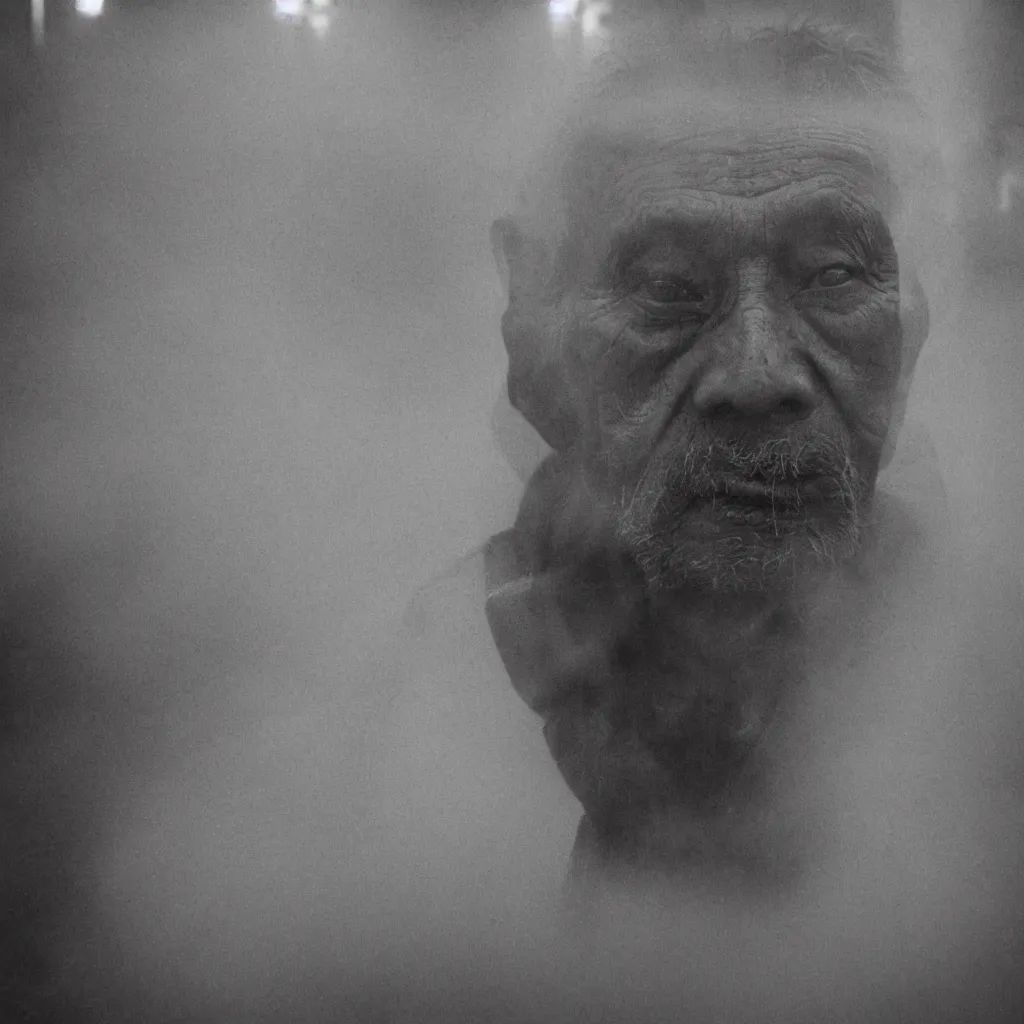 Image similar to Monochrome portrait of an intense old Nepali man on a rainy misty Kathmandu street at night, the only light source are bright overhead street lights, close-up, motion blur, grainy Tri-x pushed to 3200, 24mm tilt-shift, water drops on the lens, holga