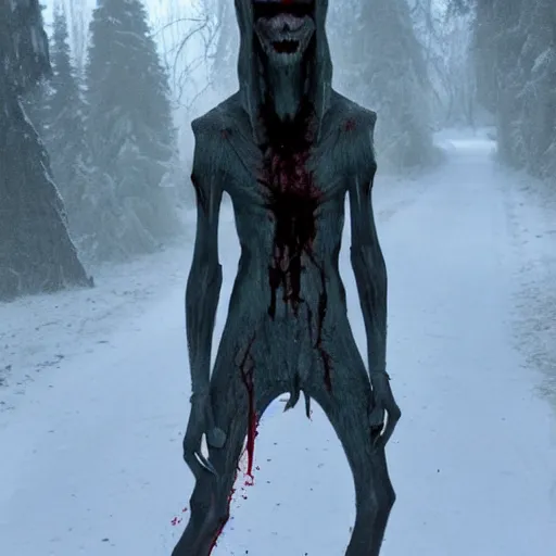 Image similar to blood soaked skinwalker, lanky, skinny, pale skin, snow, forest, dark, horrifying