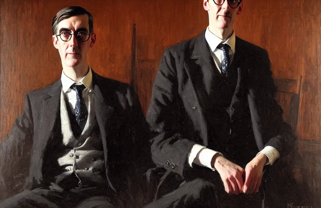 Image similar to portrait of jacob rees - mogg!!!!!!!!!!!!!!!!!!!!!!!!!!!, detailed face, detailed painting,, epic lighting, by ilya repin, phil hale and kent williams