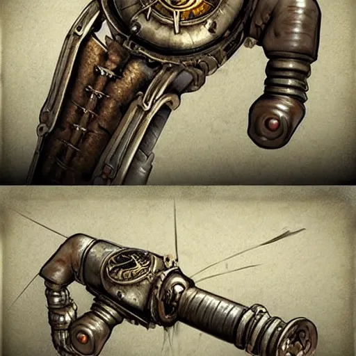 Prompt: metal steampunk device worn on the wrist that shoots out a grapple, epic fantasy art style HD