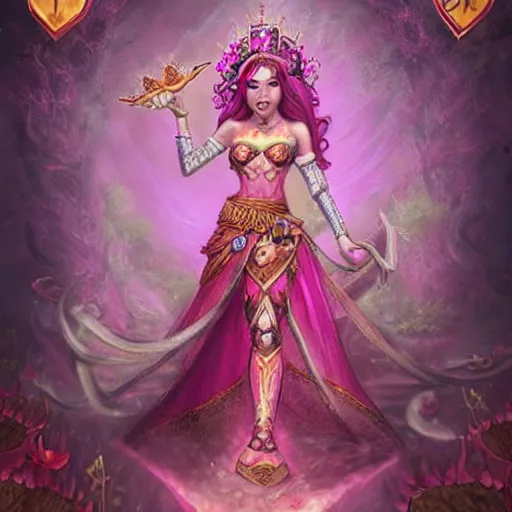 Prompt: pink lotus flower queen wearing pink floral lotus crown, hearthstone art style, epic fantasy style art, fantasy epic digital art, epic fantasy card game art