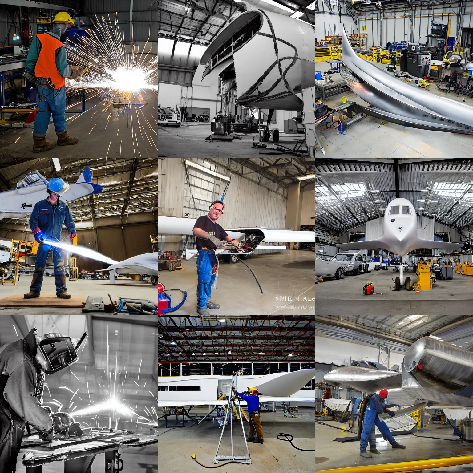 Prompt: man tig welds a grob plane, maintenance hangar, photograph, nikon