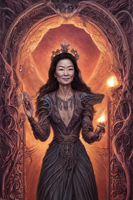 Image similar to A beautiful detailed tarot card of Michelle Yeoh, by tomasz alen kopera and Justin Gerard, symmetrical features, ominous, magical realism, texture, intricate, ornate, royally decorated, whirling smoke, embers, red adornements, red torn fabric, radiant colors, fantasy, trending on artstation, volumetric lighting, micro details, 3d sculpture, ray tracing, 8k, anaglyph effect