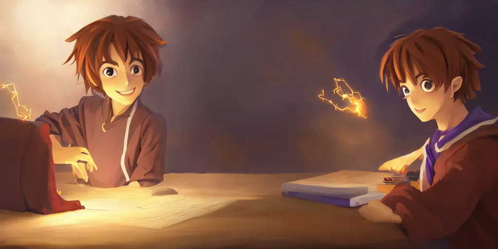 Prompt: a young boy mage with a brown cloak and brown hair is standing at his desk working on a new spell, colorful, flowing energy, light rays, anime boy, boy, consistent face, anime boy face, medium shot, waist up, pixar and disney animation, sharp, concept art, highly detailed, trending on artstation, bloom, dramatic lighting, cinematic